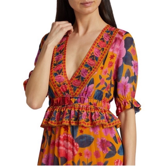 FARM RIO Yellow Pink & Blue Tropical Floral Dream V
Neck Tiered Frill Maxi Dress - Picture 3 of 15